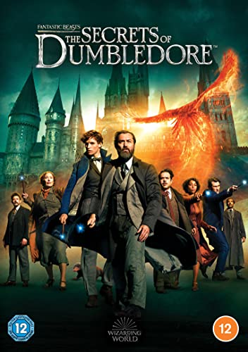 DVD cover for "Fantastic Beasts: The Secrets of Dumbledore" with cast and phoenix.