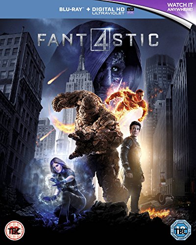 "Fantastic Four Blu-ray cover featuring the superhero team amidst a cityscape destruction scene."