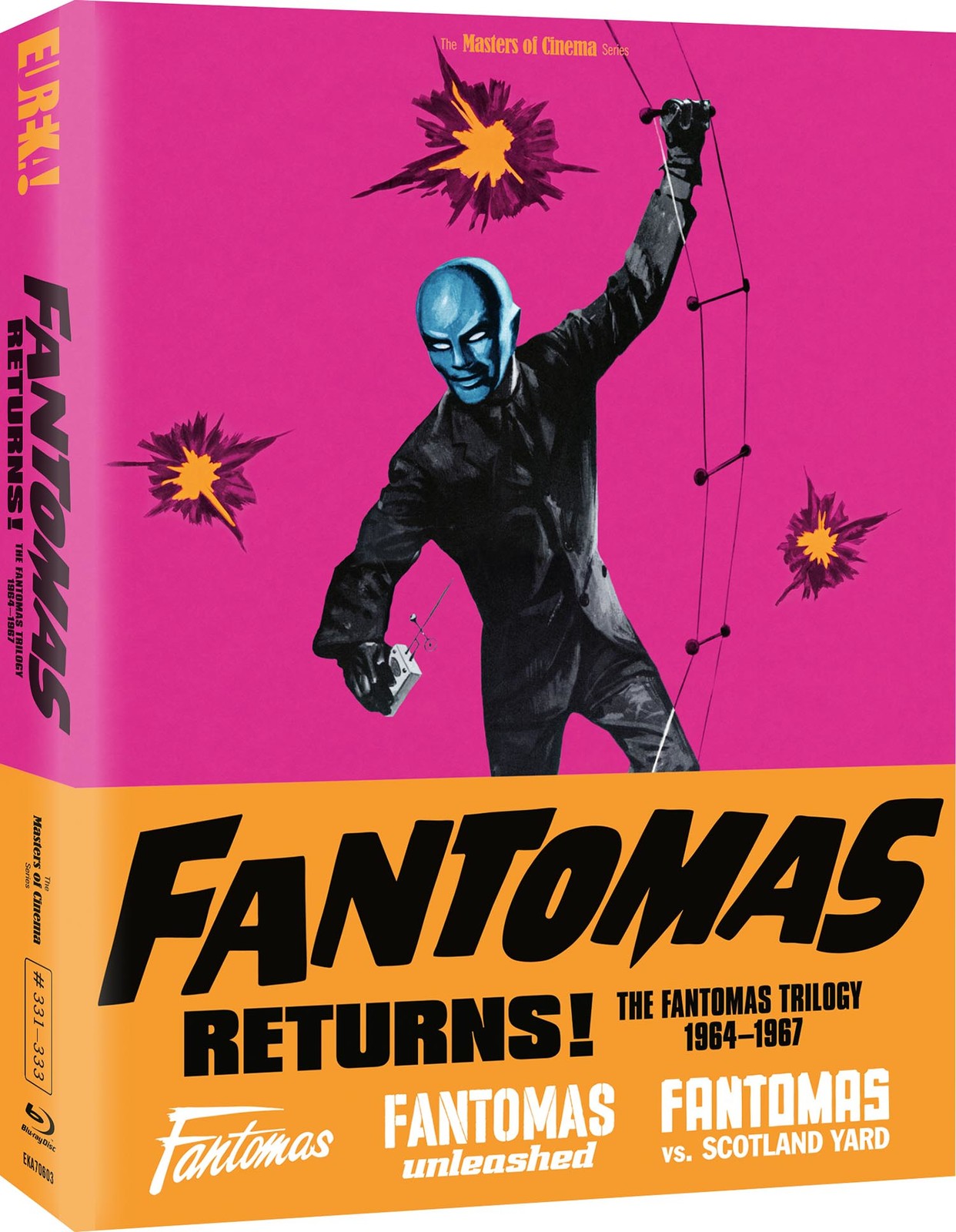 Bright pink Blu-ray cover featuring a sinister figure in a suit and mask.