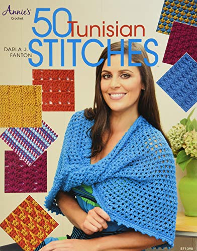 Book cover featuring a woman modeling a blue Tunisian crochet shawl.