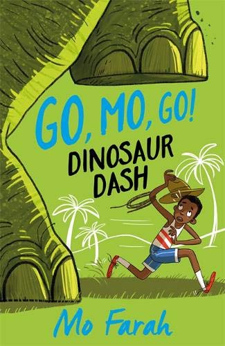 Book cover: boy running from a large green dinosaur in a jungle.