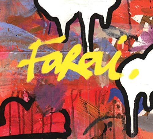The image shows a vibrant abstract painting with the word "Farai" in yellow. For accessibility purposes, a suitable alt text could be: "Abstract painting with 'Farai' in yellow on a red and purple background."