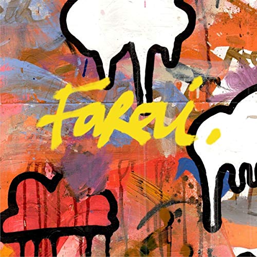 The image is an abstract painting with the word "Farai" in yellow. "Abstract album cover art with 'Farai' in yellow on multicolored background."