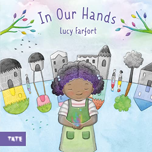 Book cover: girl with curly hair holding glowing light, whimsical houses.