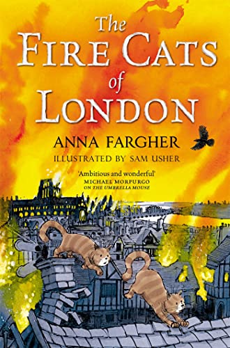 Book cover: cats running across rooftops during a city fire.