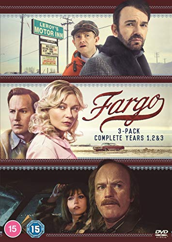 DVD boxset for Fargo Seasons 1-3 featuring cast members across three horizontal panels.