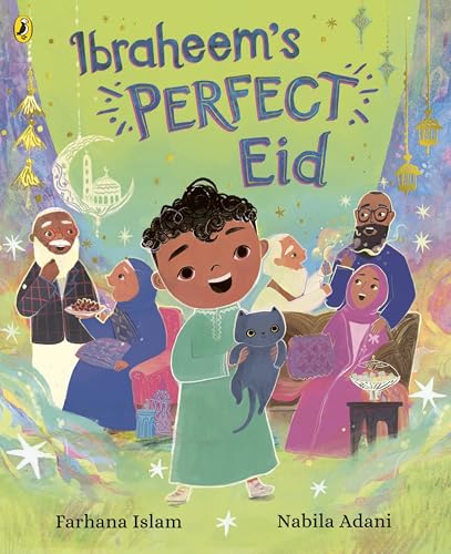 Book cover: a young boy with a cat, family celebrating Eid.