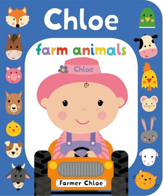 Colorful children’s book cover featuring a girl driving a tractor with farm animals.