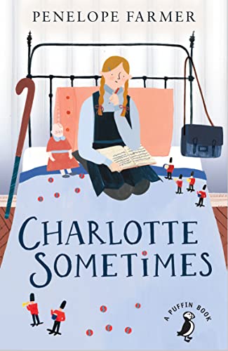 Book cover illustration of a girl sitting on a bed with toys and book.