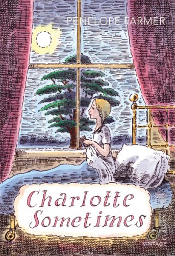 A girl in a nightgown sits on a bed looking out a window at night.