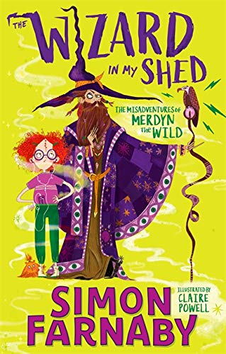 Book cover: wizard with child, hawk, and colorful magical effects.