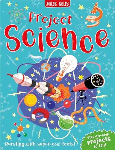 Book cover with science imagery: rocket, planets, microscope, and atoms.