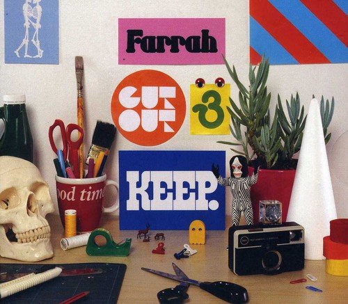 "Album cover with 'Farrah', 'cut out', and 'keep' text, surrounded by craft supplies and skull."