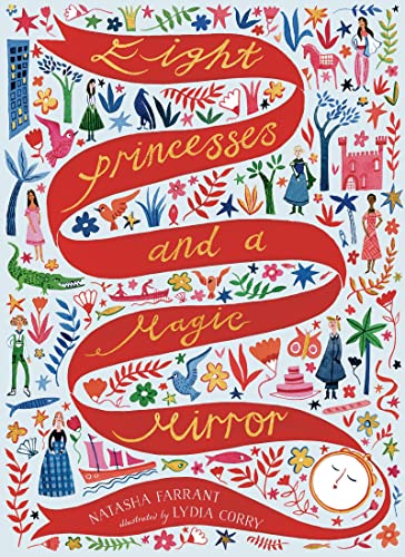 Book cover with illustrated princesses, flowers, and a winding red ribbon.