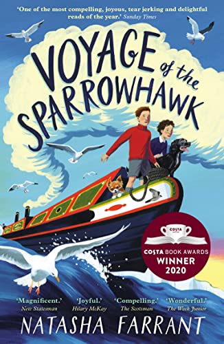 Book cover illustration featuring two children and a dog on a boat with seagulls.