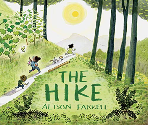 Three children and a dog hike along a forest trail under a bright sun.