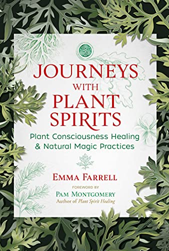 Book cover titled Journeys with Plant Spirits by Emma Farrell, framed by green leaves.