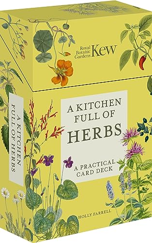 Yellow card deck featuring botanical illustrations of various herbs and flowers.
