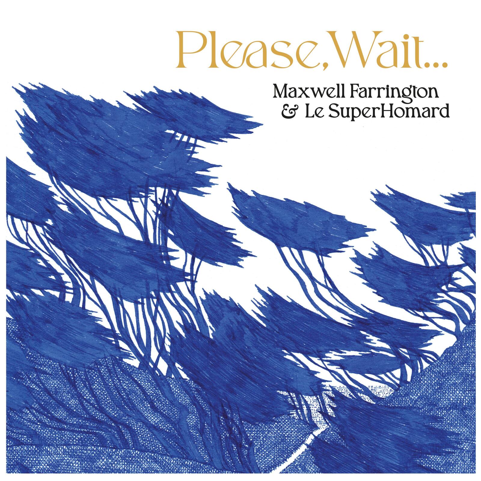 CD cover: blue trees illustration, text “Please Wait…” and artist names.