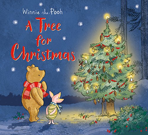 Winnie-the-Pooh and Piglet admiring a decorated Christmas tree in the woods.