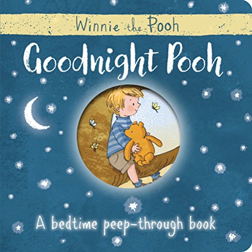 Boy and Winnie-the-Pooh in a moonlit circle, bedtime storybook cover.