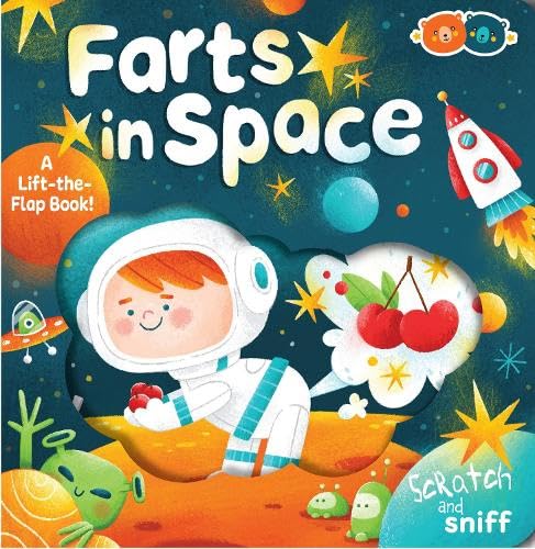 Lift-the-flap children’s book cover with astronaut, cherries, and alien.