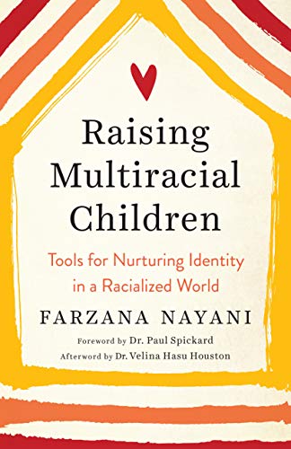 Book cover: "Raising Multiracial Children" with abstract orange and red design.