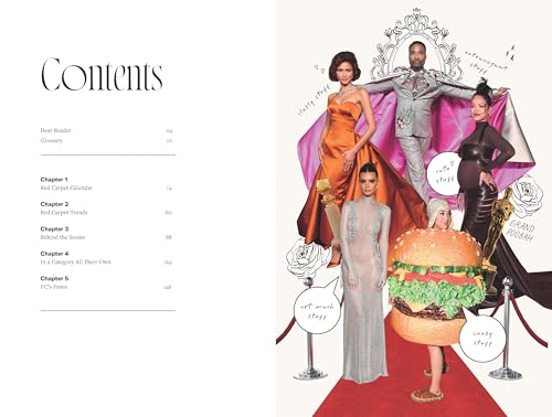 Book page with illustrated figures on a red carpet, contents list visible.