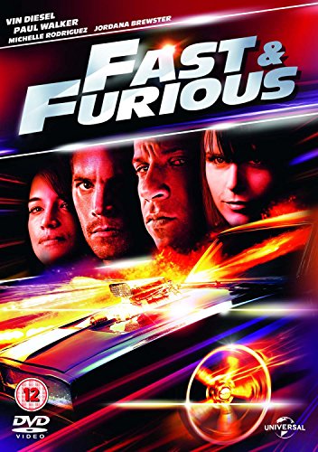 DVD cover for "Fast & Furious" featuring actors and a speeding car.