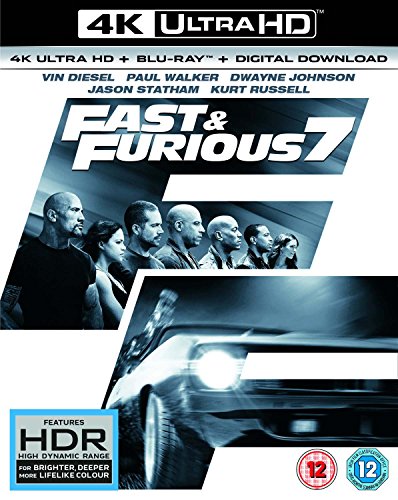 Fast & Furious 7" UHD Blu-ray cover with Vin Diesel, Paul Walker, and Dwayne Johnson.