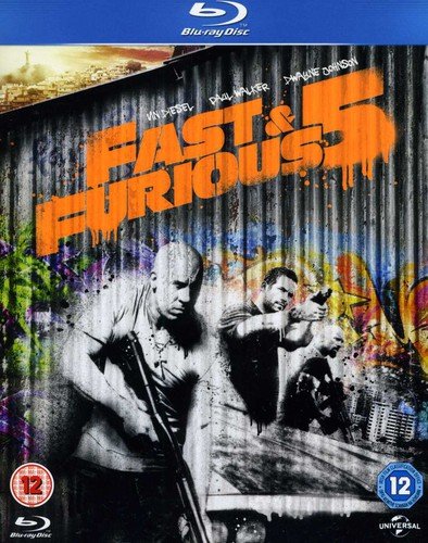 Fast & Furious 5" Blu-ray cover with Vin Diesel, Paul Walker, and Dwayne Johnson.