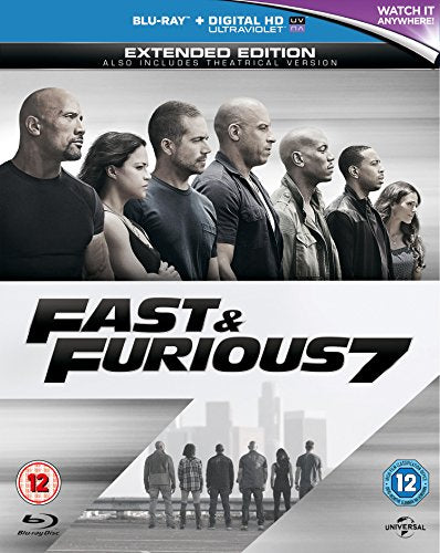 Fast & Furious 7" Blu-ray cover featuring the cast and city skyline.