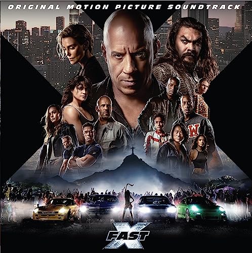 Fast X soundtrack vinyl cover featuring a montage of the film's cast and cars.