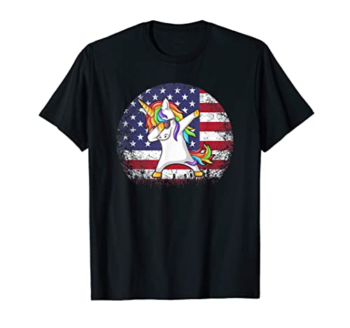 Black t-shirt with a colorful unicorn dabbing in front of an American flag.