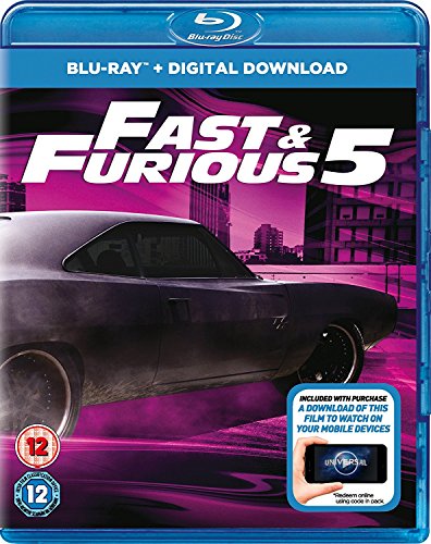 "Blu-ray case for 'Fast & Furious 5' with a black car on purple cityscape background."