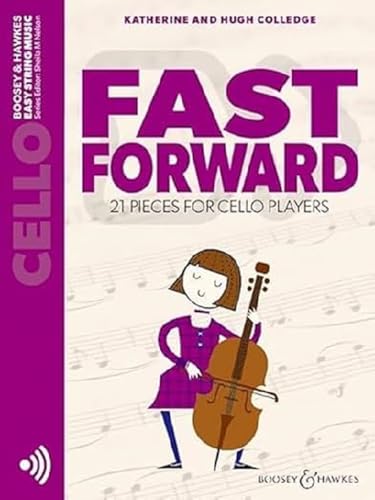 Sheet music book cover: "Fast Forward" for cello, with illustration.