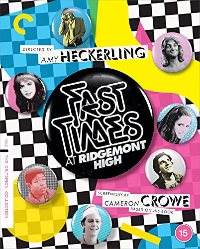 Fast Times at Ridgemont High Blu-ray cover with character buttons on checkered background.