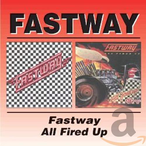 CD cover for Fastway’s “All Fired Up” with checkered and fiery imagery.