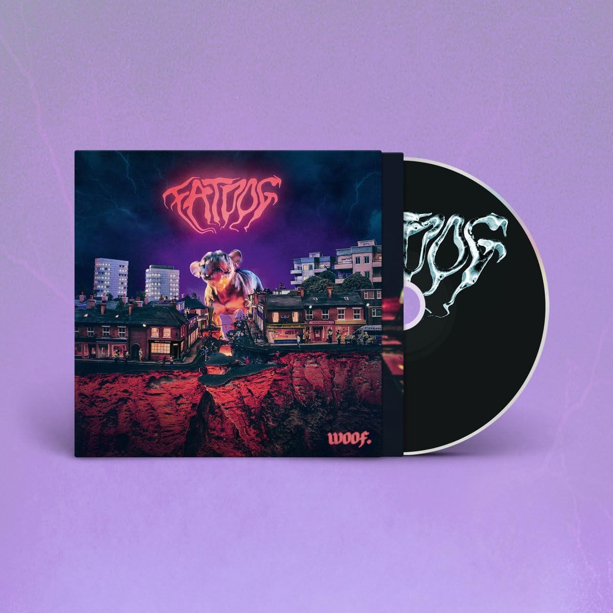 CD case with a dog monster over a city landscape, black disc beside.