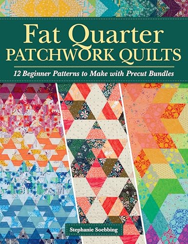 Book cover featuring colorful patchwork quilt designs and the title “Fat Quarter Patchwork Quilts.”