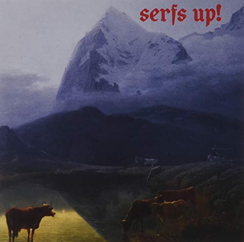 Painted mountains and cows reflected in water, album cover for “Serfs Up!”.