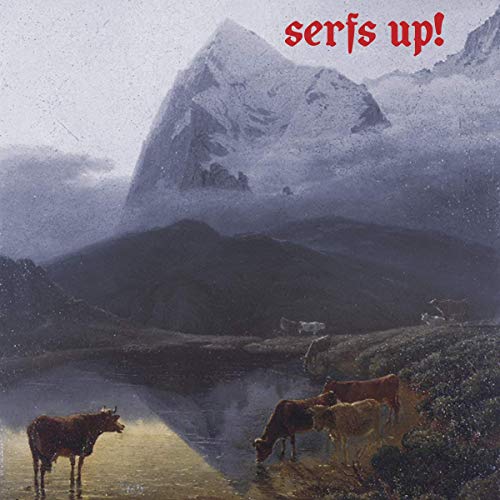 Painted alpine landscape with cows drinking from a lake, album cover.
