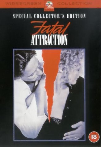 "Fatal Attraction DVD cover featuring a man and woman with a torn image between them."