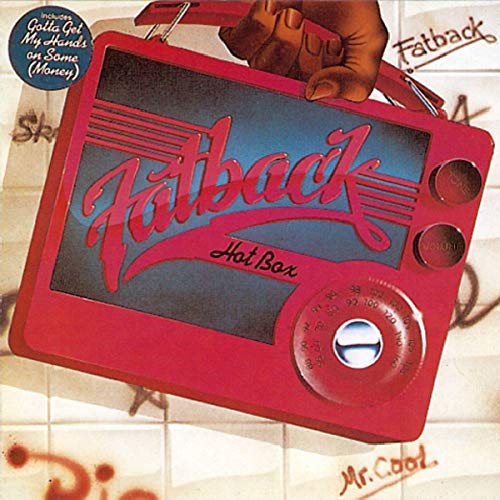 A hand carries a red vintage radio with Fatback Hot Box text on the screen.