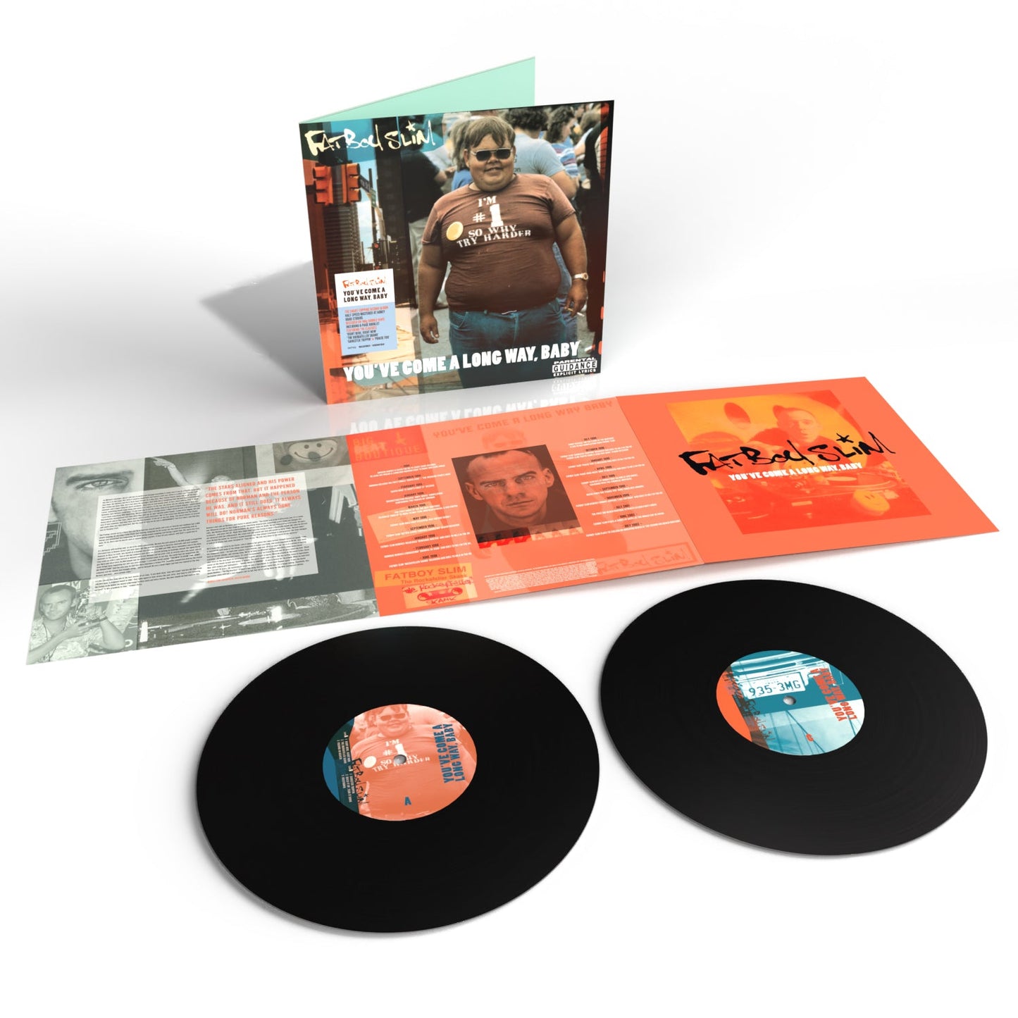 Fatboy Slim “You’ve Come A Long Way, Baby” vinyl 2LP packaging and records.