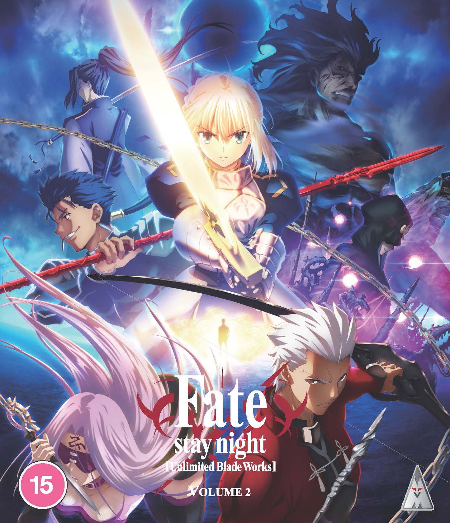 Anime characters pose with weapons against a dark, glowing blue background on Blu-ray cover.