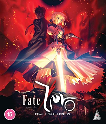 Anime characters Saber and Kiritsugu stand before a fiery background on Fate Zero cover.
