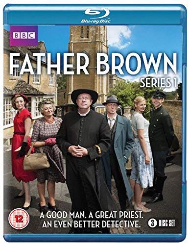 Blu-ray cover of "Father Brown Series 1" with main characters in front of a church.