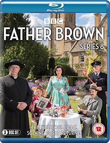 "Blu-ray case cover for 'Father Brown Series 8' with characters in a garden scene."
