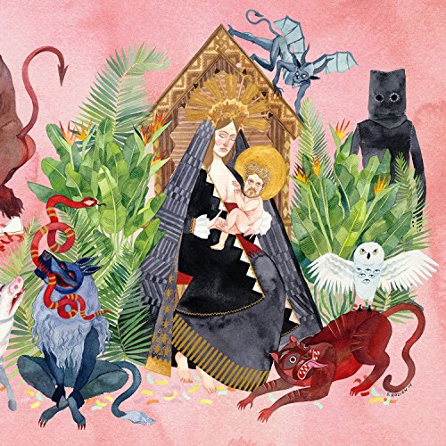 Painted album cover with a Madonna and Child surrounded by fantastical creatures.